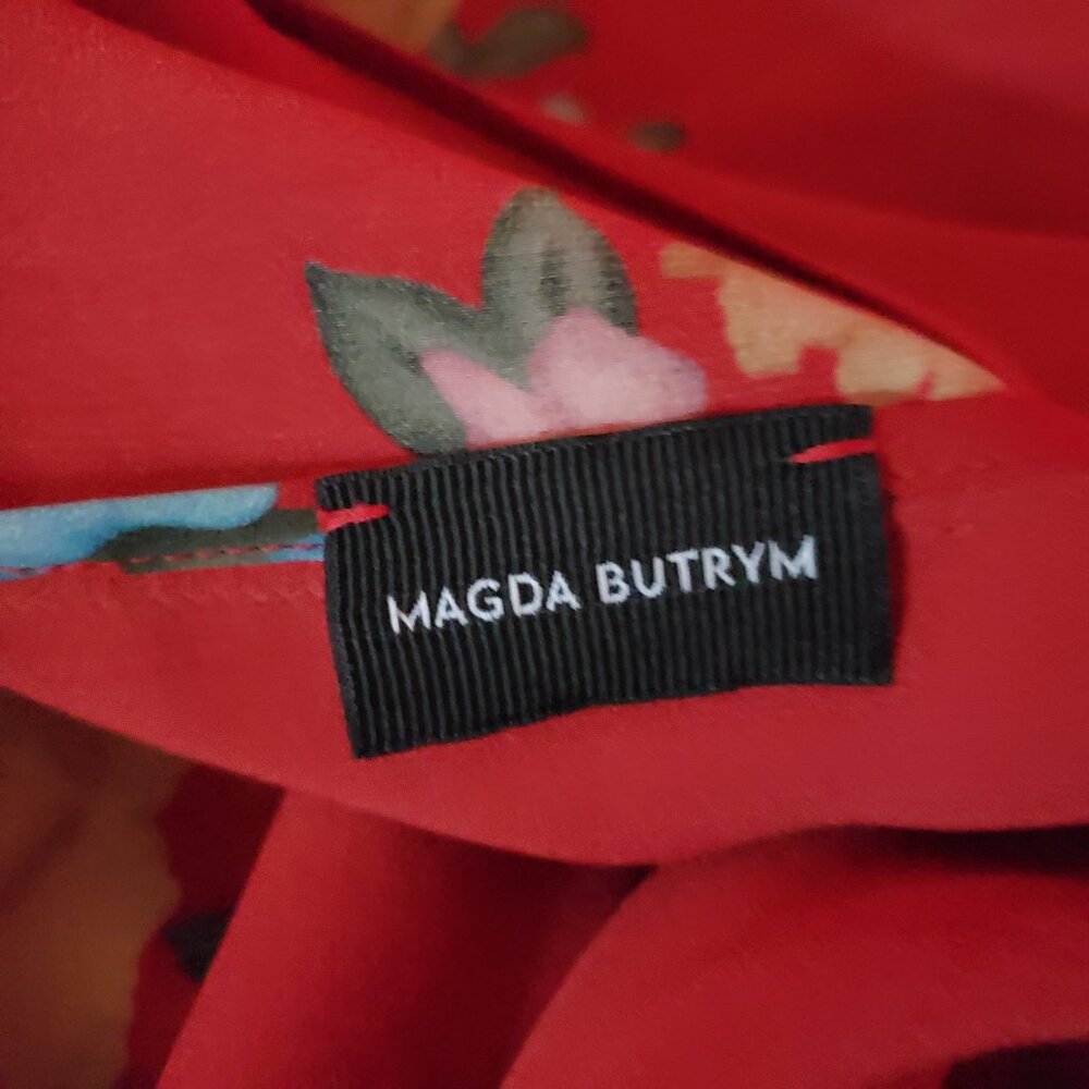 Magda Butrym Dress Red Floral Silk Short Sleeves Asymmetric Hem Midi 38 - Picture 9 of 10